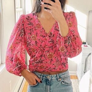 New Joie Pink Floral Surplice Neck‎ Blouse Size Large